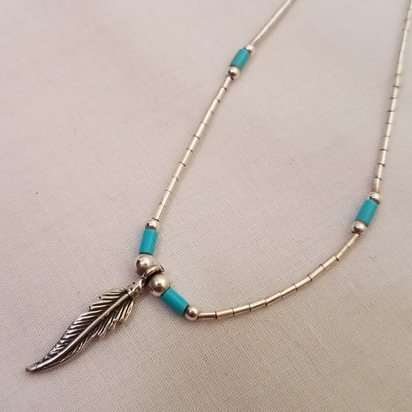 Vintage Jewelry - Turquoise Feather Necklace & SS Earrings Set